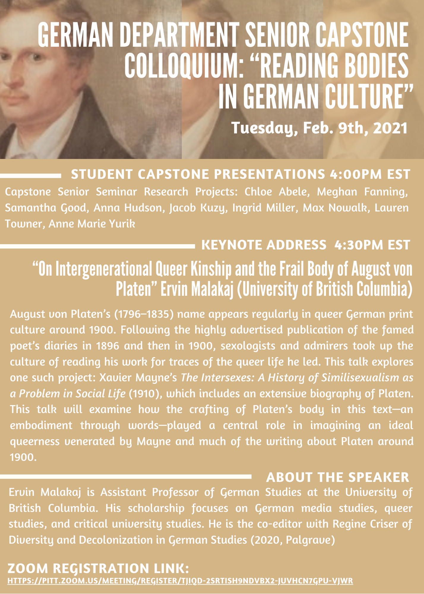 German Dept Colloquium flyer with the beige background and faded portrait of August von Platen