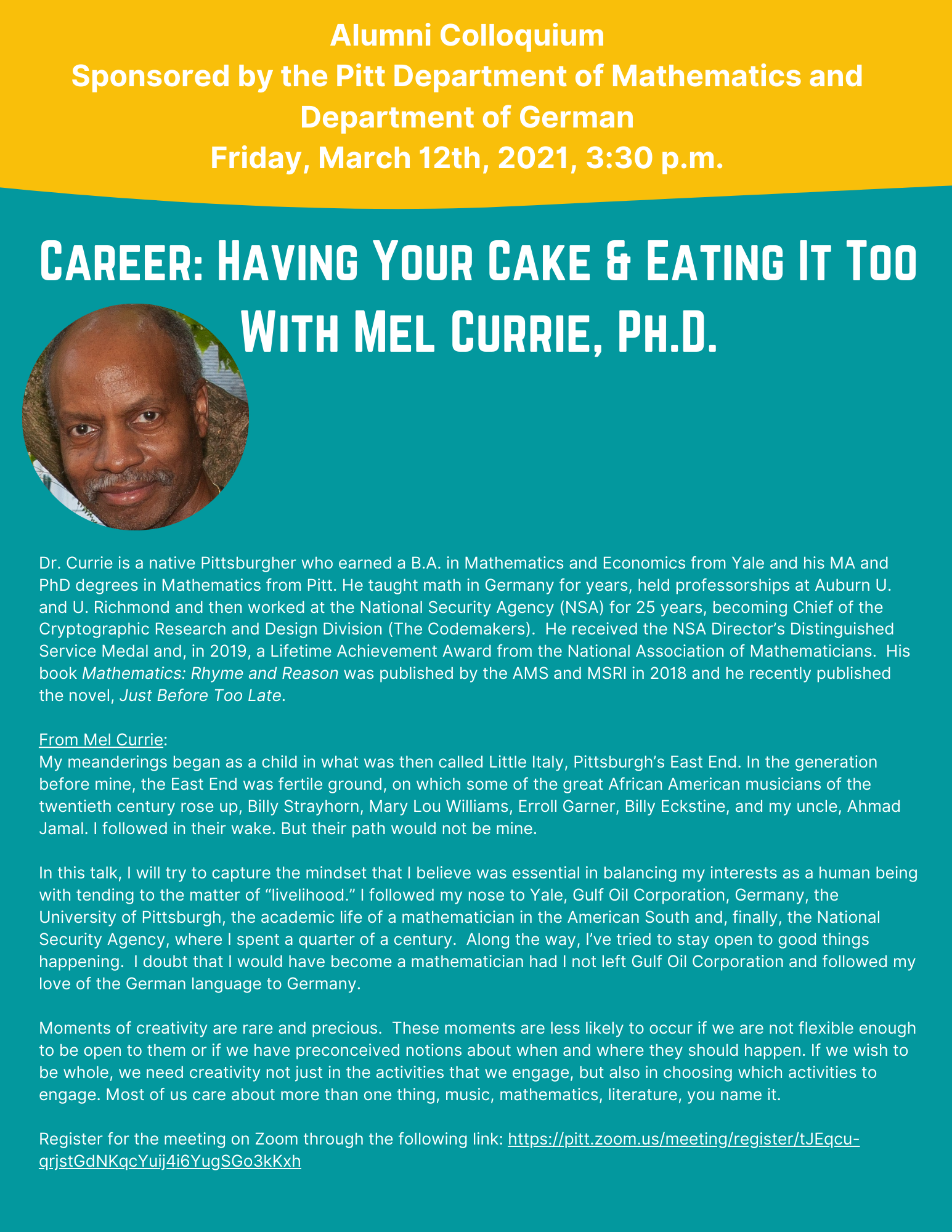 Event Flyer for Mel Currie event with a photo of Mel Currie and a teal and mustard background. 