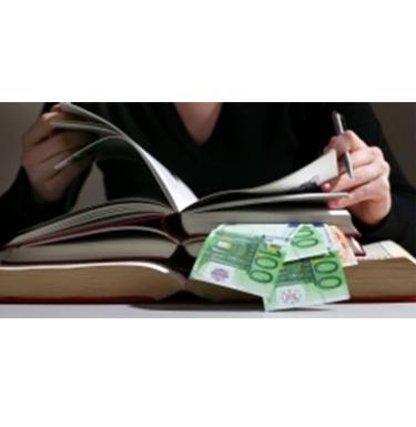 A person looks through a book that has pages marked with European currency.